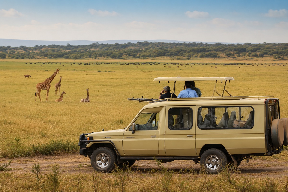 A safari game drive watching giraffes in Akagera National Park, eastern Rwanda